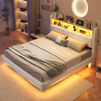 Polster-Schwebebett 160x200 cm mit LED-Farbwechsel, USB/Typ-C-Anschlüssen, Stauraum & Metallrahmen,Beige,inklusive Taschenfederkern