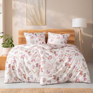 Estella Bio Mako Satin Bettwäsche 155x220 Bertha Blätter lila beere 3416-985