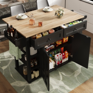 Merax Kücheninsel mit herausnehmbaren Trennwänden, Esszimmerwagen mit Arbeitsplatte, Buffetschrank, Esszimmerwagen mit Holzmaserung, Handtuchhalter beidseitig mit Rollen, schwarz