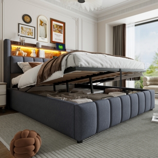 Polsterbett mit LED-Beleuchtung und USB-Steckdose, Kopfteil mit Ablagen und Stauraum, hydraulischer Stauraum, Doppelbett für Erwachsene, Leinenstoff, 180×200 cm