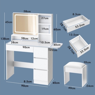 ALFORDSON Schminktisch mit 4 Schubladen und LED-Spiegel (45x58cm), moderner Kosmetiktisch (1-St), Kosmetiktisch mit Ablagehocker