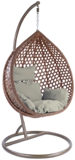 RAMROXX Hängesessel Style XL Polyrattan Korb braun Gestell braun Kissen hellgrau