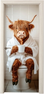 MuchoWow Türtapete Schottischer Highlander - WC - Bademantel - Modern - Tiere, Matt, bedruckt, (1 St), Selbstklebende Tapete, Folie für Möbel, 75x205 cm