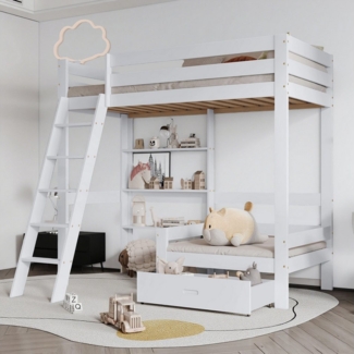 MODFU Etagenbett mit Sofa, Regalen und Schublade (Hochbett mit Praktische Stauraumlösung Platzsparendes, Einzelbett 90x200 cm), Ohne Matratze, Ohne Sofakissen