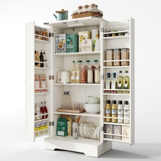 Yorbay Mehrzweckschrank Küchenschrank mit LED-Beleuchtung & verstellbaren Regalen (60x35x128,5 cm) Speiseschrank, Vorratsschrank, Aufbewahrungsschrank