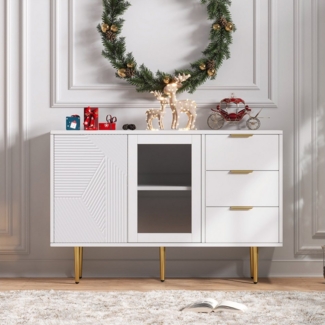 KLAM HOME Sideboard Kommode mit 3 Schubladen und 2 Türen, mit Metalfüßen und Glastüren (Vitrine Beistellschrank, Weiß, Maße: 120 x 38 x 79.5 cm), für Wohnzimmer, Schlafzimmer und Flur
