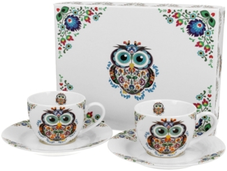 DUO ETNO 2er-Set Espressotassen 90 ml OWL mit Untertassen, New Bone China Porzellan