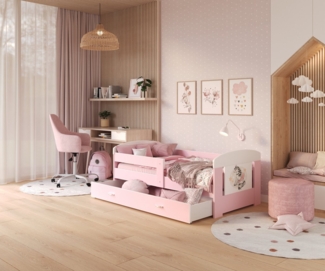 AJKmeble Kinderbett mit Pferd Motiv 80x140cm, 80x160cm, 80x180cm inkl. Lattenrost (MADE IN EU - mit Schublade, in Weiß-Holz oder Weiß-Rosa verfügbar, mit Rausfallschutz optional mit Matratze), Mädchenbett für Kinderzimmer Mädchen