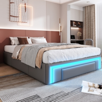 Polsterbett 140x200 cm aus PU-Leder mit Schubladen und RGB-LED