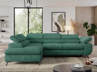 Ecksofa mit Bettfunktion, Modern Sofa, L-form, Einstellbare Kopfstützen, Bettkasten, PEDRO, 1x Ecksofa, 1x Topper, Grün, Stoff, links