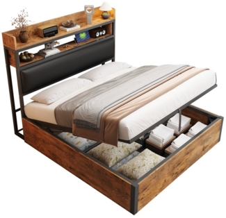 REDOM Polsterbett Hydraulikbett mit USB & Stauraum, Polsterbett Metall-Holz (Stauraumbett für Paare, Apartments & moderne Schlafzimmer, 140x200 cm), Inklusive Matratze