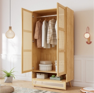 Flieks Kleiderschrank 2-türiger Schrank mit Stange und unterem Flip-Top-Deckel, Rattan