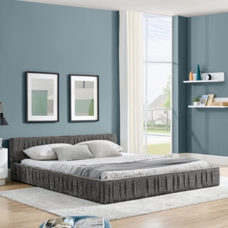 Polsterbett Chenille 160x200 cm dunkelgrau mit Faltenstruktur Eukalyptus Holz Metall