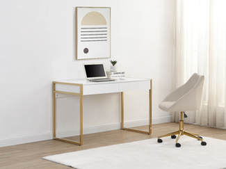 Vente-unique - Schreibtisch mit 2 Schubladen - MDF & Metall - Goldfarben & Weiß - MASON von Pascal Morabito