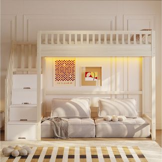 Odikalo Hochbett 90x200 140x200 Jugendbett Kinderbett mit Stauraum (Hochbett 90x200 / 140x200 cm mit Sicherheitsaufbewahrungsleiter, Sicherheitsumrandung, Bettgestell aus massiver Kiefer, Geeignet für Kinder, Jugendliche und Erwachsene)