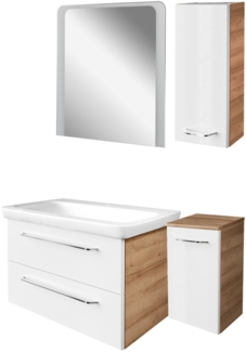 FACKELMANN MILANO Badmöbel Set 5-teilig, 88 cm breit, Braun hell/Weiß, Waschbecken Keramik, Spiegel + 2 Badschränke
