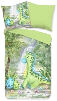 Soma Renforcé Pastell Bettwäsche-Set 2 teilig Bettbezug 2tlg 135x200 cm Kopfkissenbezug 80x80 cm Dino Dinosaurier grün
