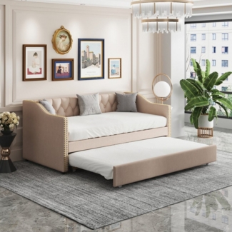 Gdood Polsterbett Daybett Tagesbett Ausziehbett (Schlafsofa), Mit Unterbett,90x200cm,Lattenrost,Leinen