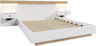 Merax Bettanlage Holzbett 180x200 Doppelbett mit 2 LED Nachtkommoden & 1 USB & 1 Type C & 1 Steckdose & Lattenrost Beige & Weiß