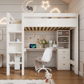 TavilaEcon Hochbett Kinderbett mit L-förmigem Schreibtisch, Regalen und Schubladen mit USB/Type-C Ladebereich, Leiter und Holzlattenrost, 90×200cm