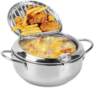 Refined Living Frittiertopf Edelstahl-Frittiertopf mit Deckel und Ölabtropfgestell, Thermometer, (2.2L Tempura-Fritteuse Im Japanischen Stil mit Cold-Touch-Griff, 1-tlg, Kleine Friteuse Für Pommes Frites, Hühnerflügel Und Garnelen (20cm), Stainless Ste...