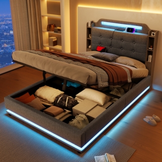 Polsterbett, Mit LED-Lichtleiste, hydraulischer Stauraum, mehrere Ablagefächer, ohne Matratze, USB + TYPE-C, Leinen, Grau, 140 x 200cm
