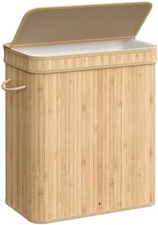 Songmics Wäschekorb mit Deckel, Wäschesammler Bambus, Wäschesack herausnehmbar und maschinenwaschbar, mit Griffen, 100 Liter, für Waschküche, Schlafzimmer, Wohnzimmer, naturfarben