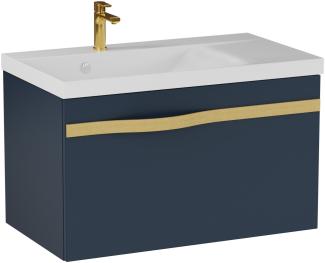 BADEDU FILS Waschbecken mit Unterschrank 69 cm breit, Blau, Waschbecken Gussmarmor Weiß, Griff Gold