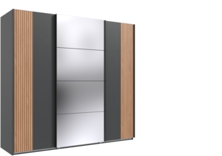 Schwebetürenschrank >Malaga< Spiegel, Akustiklamelle, Graphit & Artisan Eiche - 225x208x64cm BxHxT