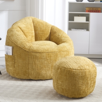 LVHOM Klassischer Sitzsack mit Hocker, Bean Bag mit Sitzpuff, Chenille Kuschelstuhl Sitzsäcke, 89 x 88 x 76 cm