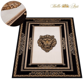 Belle Arti Teppich Teppich Wohnzimmer Wohnzimmerteppich Löwenkopf Löwe Motiv schwarz gold, Kurzflor, Anti-Rutsch, orientalisch, Mäander Muster, Seidenoptik