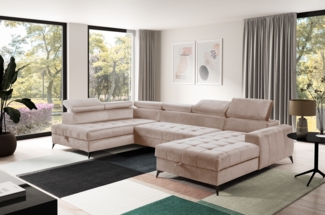 AX LIVING Beige Eckcouch mit Schlaffunktion Arkucio U 345 cm Ecksofa R