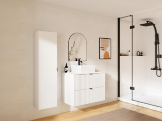 Vente-unique - Waschbeckenunterschrank hängend mit Aufsatzwaschbecken & Badhochschrank - Streifenoptik - Weiß matt - 80 cm - ZEVINI