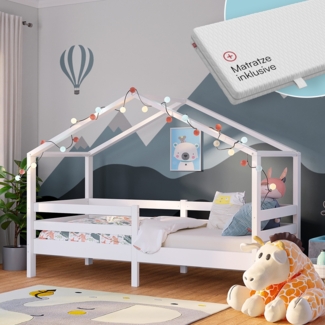 Bellabino 'Abia' Hausbett 90x200 cm mit Matratze, weiß, Kiefer Massivholz, Montessori Kinderbett mit Rausfallschutz und Lattenrost