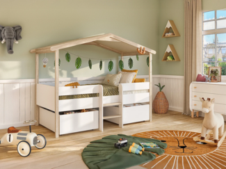 Vente-unique - Kinderbett Hausbett mit Schubladen + Matratze - Lindenholz - 90 x 190 cm - Weiß & Eichefarben - SAROSI