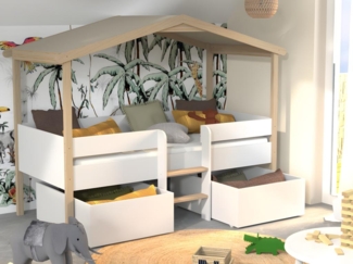 Vente-unique - Kinderbett Hausbett mit Schubladen + Matratze - Lindenholz - 90 x 190 cm - Weiß & Eichefarben - SAROSI