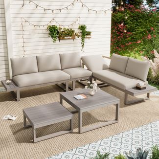Merax 6-Sitzer Gartenmöbel-Set, Eckstellung, mit verstellbarer Neigungsfunktion (5-stufig, bis 55°), mit zwei Couchtischen, Beige + Khaki