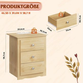 WLIVE Nachttisch Beistelltisch, 3 Schubladen mit Ladestation, (Set, Nachttisch 2er Set), 2 Steckdosen & 2 USB