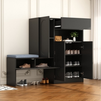 Flieks Schuhschrank Schuhkommode mit gepolsterter Sitzbank (B130/T35/H110 cm, 1-St, mit gepolsterter Sitzfläche) Schuhwechselhocker mit Seitenschrank Schuhbank Schuhregal Schwarz