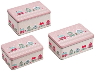 matches21 HOME & HOBBY Vorratsdose Große Metall Plätzchendosen Weihnachtsdorf 3er Set Rosa Bunt, Metall, (3-tlg), Eckige Weihnachten Blech Vorratsdosen als Keks-Dosen in 21, 19, 17 cm