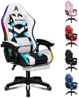 ALFORDSON Gaming-Stuhl Ergonomisch, Gamer Stühle mit Lendenwirbelkissen, Kopfstütze (1 St), Höhenverstellbar mit LED-Leuchten und 8-Punkt-Massagefunktion