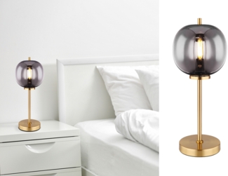 LED Tischleuchte mit Rauchglas Lampenschirm Metall Messing, Höhe 45cm