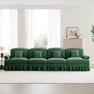 Elegantes großes 4-Sitzer Sofa, Mid-Century-Stil, aus Chenille mit Trichter-Armlehnen, abnehmbarer Rüschenschürze & spindelförmigen Beinen, Grün,