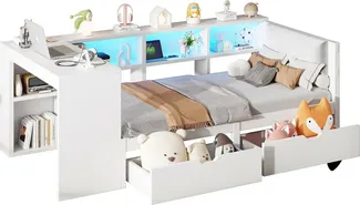 Stauraumbett mit Schreibtisch, LED-Streifen, Lattenrost, Regal, Schubladen, USB und Steckdosen, 90x200cm, Holzbett, Einzelbett
