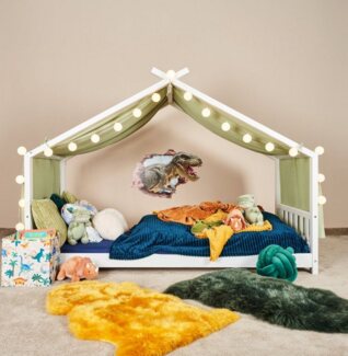 Alavya Home® Betthimmel 3 tgl. Betthimmel Moon Deko-Set 110x360 cm (Hausbett Kinderbett Baldachin Montessori), Musselin Bio-Baumwolle 100% GOTS-zertifizierter - 2x LED-Lichterkette