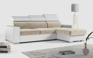 Ecksofa, Verstellbare Kopfstützen, L Couch, Polstersofa mit Bettkasten - FOX-L - Beige - Weiß