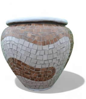 Pflanzgefäß "Mara" – Wellenförmiges Mosaikdesign Braun – Höhe 60 cm – Ø 50 cm – Handgefertigt aus Beton & Keramik-Mosaik