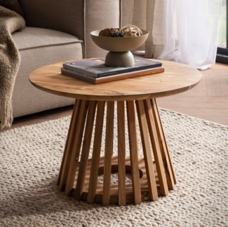FINEBUY Couchtisch FB108494 (60x60x40 cm Sofatisch Akazie Massivholz Hellbraun), Wohnzimmertisch Rund, Kaffeetisch Modern