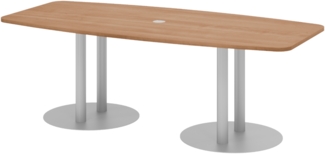 bümö Konferenztisch oval 220x103 cm großer Besprechungstisch in Nussbaum, Besprechungstisch mit Säulen in Silber, Meetingtisch für 8 Personen, XL-Tisch für Besprechungsraum & Meeting, KT22S-N-S