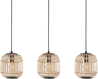 Eglo 43217 NATURE Pendelleuchte BORDESLEY Stahl schwarz, Holz natur E27 3X28W L:91cm B:21cm H:110cm dimmbar